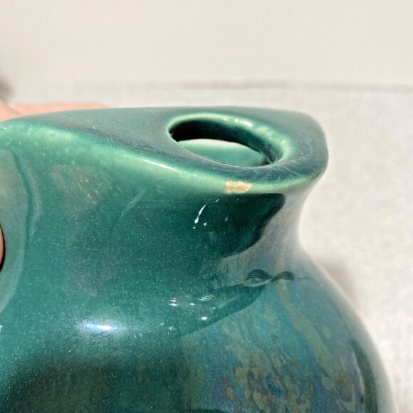 Vintage USA Art Pottery Tilted Ball Pitcher w/ Ice Lip Green Glazed 1950's Mod - Picture 8 of 9